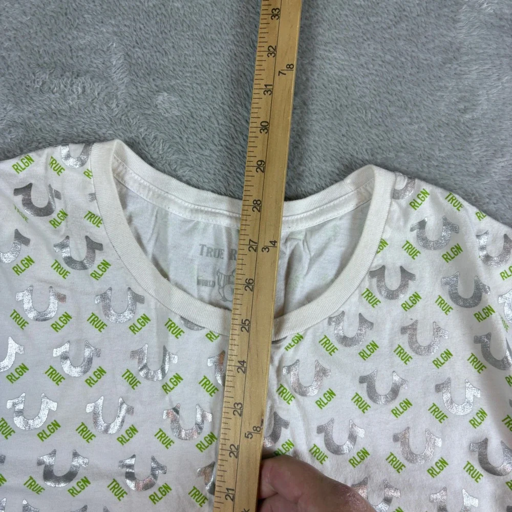 True Religion Shirt Men‎ XXXL All Over Logo Horseshoe Graphic White Silver Green